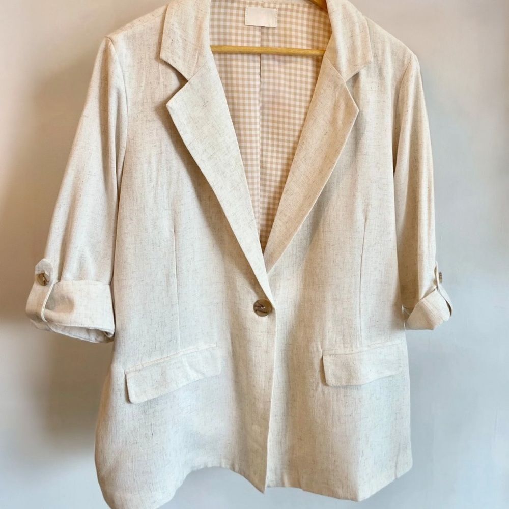 Allie Rose Women's Cream Tan Suit Jacket Boyfriend Fit Linen Blazer Small S